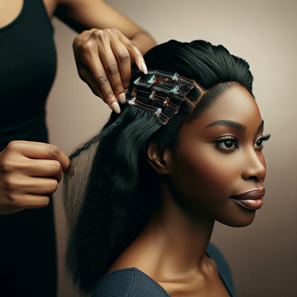 Clip-In Weave installation black houston salon